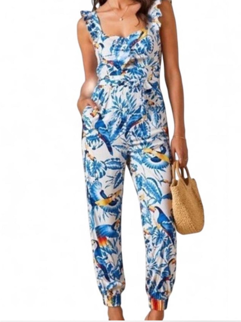 Farm Rio XS Women’s Tropical Print Jumpsuit - Blue & Orange